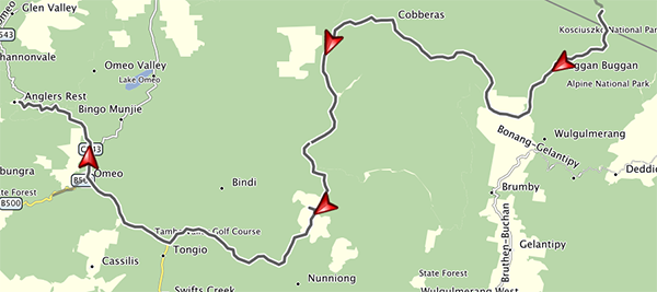 Map of route from Snowy River to Anglers Rest, via Nunniong Rd & Omeo