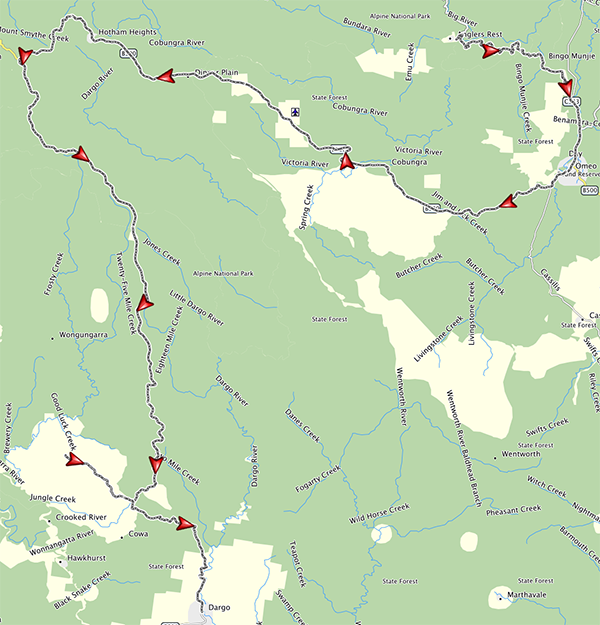 Anglers Rest to Dargo, via Hotham (morning only - my mapping software hates me)