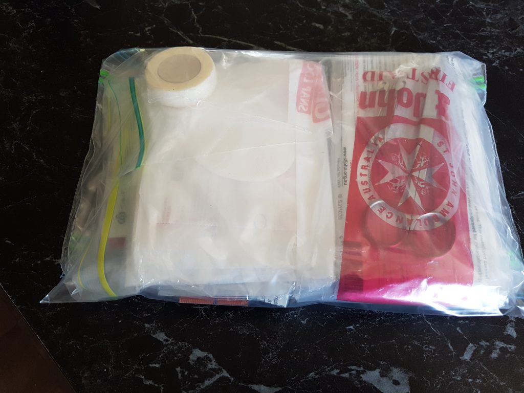 First aid kit, in big ziplock bags
